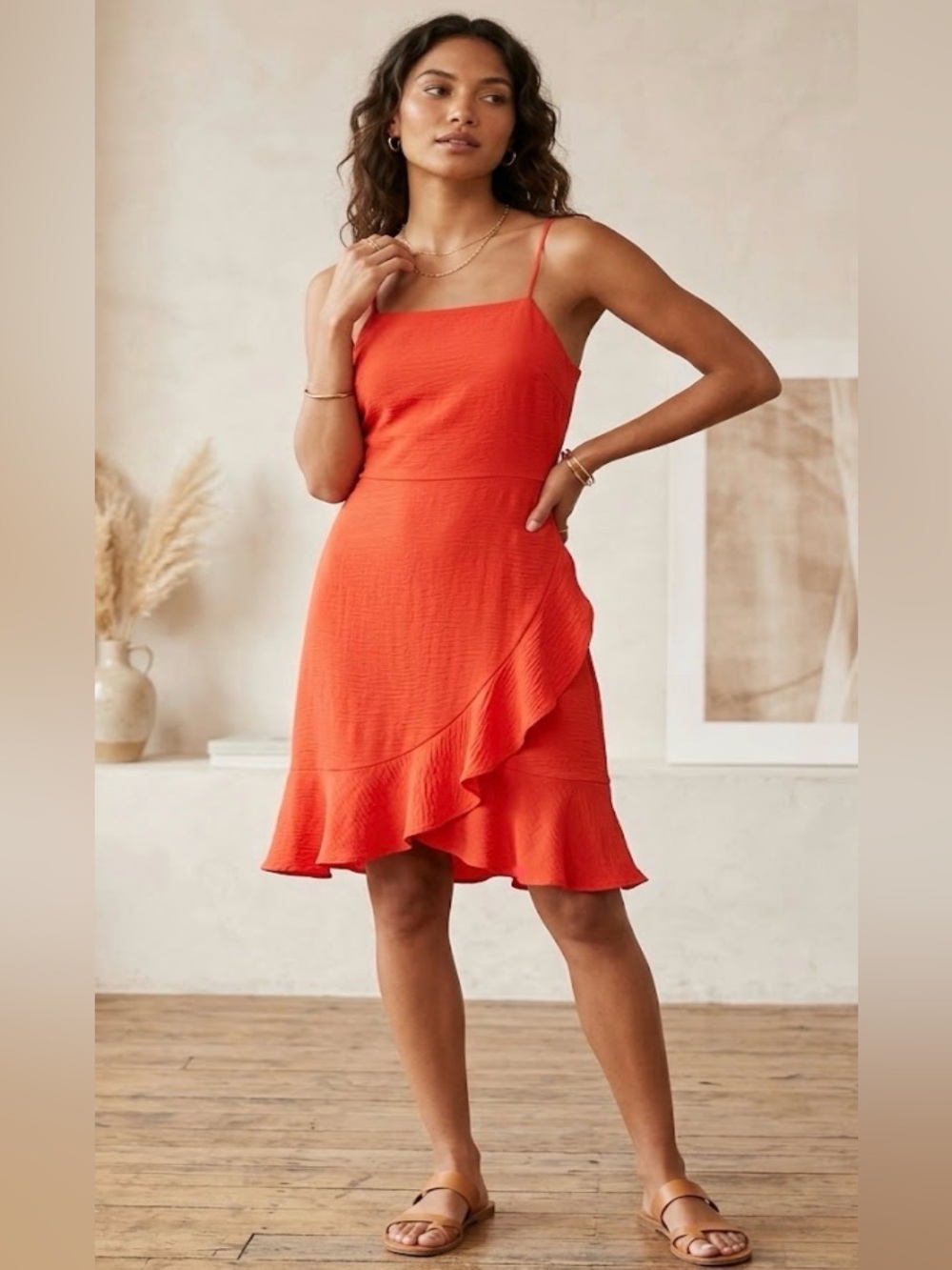 Spaghetti Strap Tie-Back Mini Dress in Bright Orange